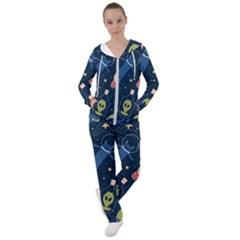 Seamless Pattern With Funny Alien Cat Galaxy Women s Tracksuit by Ndabl3x