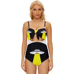 Ufo Flying Saucer Extraterrestrial Knot Front One-piece Swimsuit by Cendanart