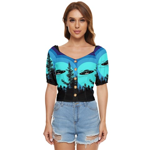 Ufo Alien Night Sky Night Button Up Blouse by Cendanart