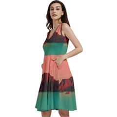 Brown Mountain Illustration Sunset Digital Art Mountains Sleeveless V-neck Skater Dress With Pockets by Cendanart