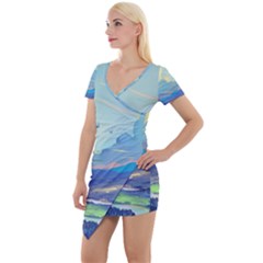Mountains And Trees Illustration Painting Clouds Sky Landscape Short Sleeve Asymmetric Mini Dress by Cendanart
