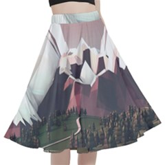 White And Brown Mountain Illustration Digital Art A-line Full Circle Midi Skirt With Pocket by Cendanart