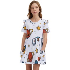 Set Cartoon Symbol Pattern Kids  Frilly Sleeves Pocket Dress by Bedest