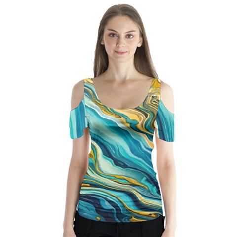 Painting Liquid Water Butterfly Sleeve Cutout T-shirt  by Grandong