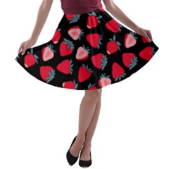 Black Strawberry A-line Skater Skirt by CoolDesigns