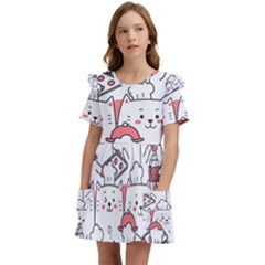 Cute Cat Chef Cooking Seamless Pattern Cartoon Kids  Frilly Sleeves Pocket Dress by Bedest