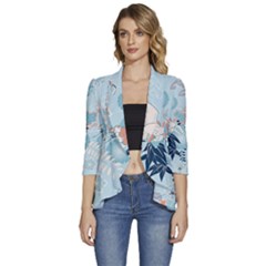 Crane Pattern Bird Animal Nature Women s 3/4 Sleeve Ruffle Edge Open Front Jacket by Bedest