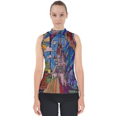 Castle Building Stained Glass Mock Neck Shell Top by Cendanart