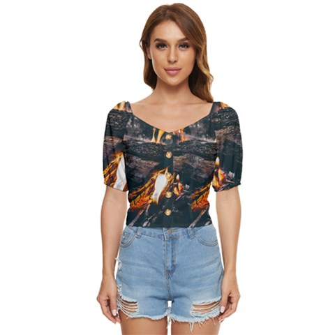 Wood Fire Camping Forest On Button Up Blouse by Bedest