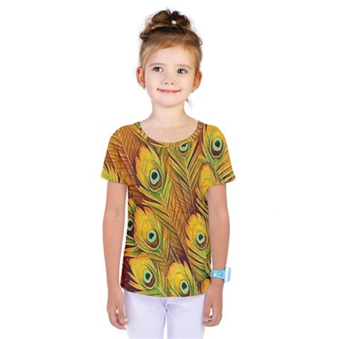 Peacock Feathers Green Yellow Kids  One Piece T-shirt by Bedest
