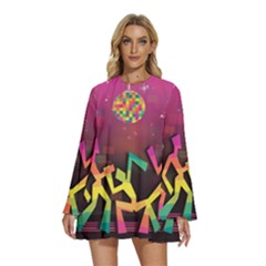 Dancing Colorful Disco Round Neck Long Sleeve Bohemian Style Chiffon Mini Dress by Bajindul
