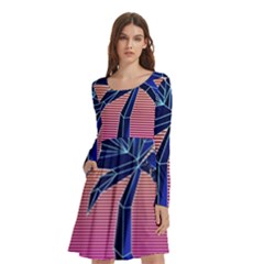 Abstract 3d Art Holiday Island Palm Tree Pink Purple Summer Sunset Water Long Sleeve Knee Length Skater Dress With Pockets by Cemarart