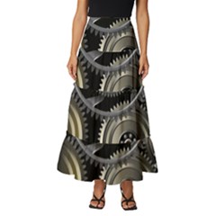 Abstract Style Gears Gold Silver Tiered Ruffle Maxi Skirt by Cemarart