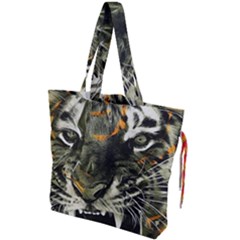 Angry Tiger Animal Broken Glasses Drawstring Tote Bag by Cemarart