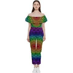 Rainbow Mandala Abstract Pastel Pattern Bardot Ruffle Jumpsuit by Grandong