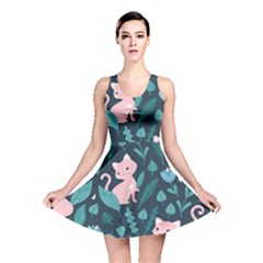 Cat Cute Flowers Leaves Pattern Reversible Skater Dress by Grandong