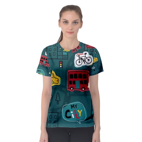 Seamless Pattern Hand Drawn With Vehicles Buildings Road Women s Sport Mesh T-shirt by Grandong
