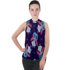 Owl Pattern Background Mock Neck Chiffon Sleeveless Top by Grandong