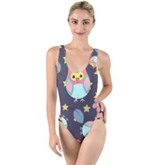 Owl Stars Pattern Background High Leg Strappy Swimsuit by Grandong