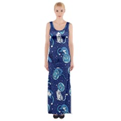 Cat Astronaut Space Suit Pattern Thigh Split Maxi Dress by Cemarart
