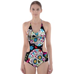 Sugar Skull Black Olorful Flower Cut-out One Piece Swimsuit by Cemarart