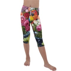 Flower And Parrot Art Flower Painting Kids  Lightweight Velour Capri Leggings  by Cemarart
