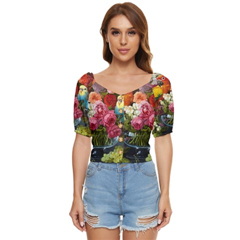 Flower And Parrot Art Flower Painting Button Up Blouse by Cemarart