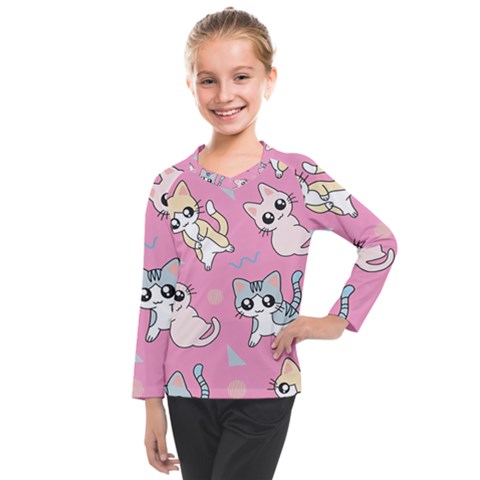 Cute Animal Little Cat Seamless Pattern Kids  Long Mesh T-shirt by Cemarart