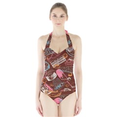 Sweet Food Seamless Pattern Halter Swimsuit by Cemarart