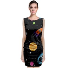 Space Cartoon, Planets, Rockets Sleeveless Velvet Midi Dress by nateshop