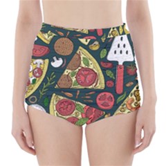 Seamless Pizza Slice Pattern Illustration Great Pizzeria Background High-waisted Bikini Bottoms by Cemarart