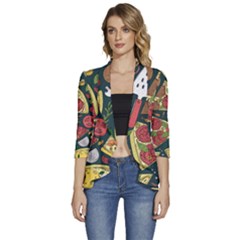 Seamless Pizza Slice Pattern Illustration Great Pizzeria Background Women s 3/4 Sleeve Ruffle Edge Open Front Jacket by Cemarart
