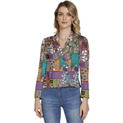 Pattern Design Art Techno  Dj Music Retro Music Device Women s Long Sleeve Revers Collar Cropped Jacket by Cemarart