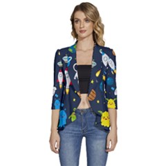 Big Set Cute Astronauts Space Planets Stars Aliens Rockets Ufo Constellations Satellite Moon Rover Women s 3/4 Sleeve Ruffle Edge Open Front Jacket by Cemarart