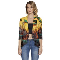 Oceans Stunning Painting Sunset Scenery Wave Paradise Beache Mountains Women s 3/4 Sleeve Ruffle Edge Open Front Jacket by Cemarart
