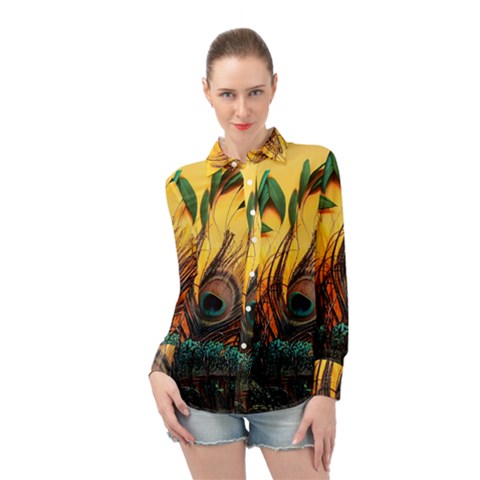 City Lights Sky Landmark Painting Long Sleeve Chiffon Shirt by Cemarart