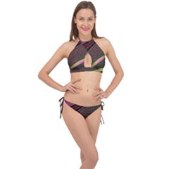 Texture Abstract Curve  Pattern Red Cross Front Halter Bikini Set by Proyonanggan