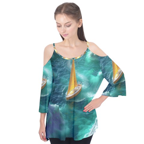 Double Exposure Flower Flutter Sleeve T-shirt  by Cemarart