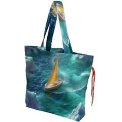 Seascape Boat Sailing Drawstring Tote Bag by Cemarart