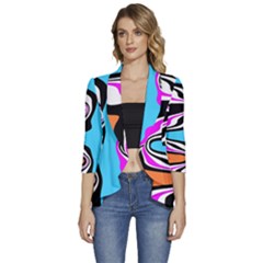 Liquid Warp Background Orange Blue Women s 3/4 Sleeve Ruffle Edge Open Front Jacket by Cemarart