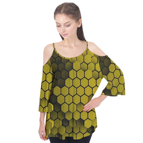 Yellow Hexagons 3d Art Honeycomb Hexagon Pattern Flutter Sleeve T-shirt  by Cemarart