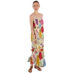 Colorful Flowers Pattern Cami Maxi Ruffle Chiffon Dress by Cemarart
