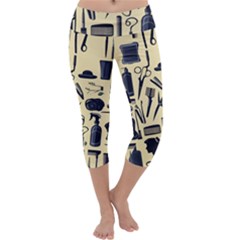 Elegant Hairdresser Pattern Cream Capri Yoga Leggings by TetiBright