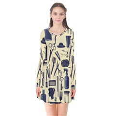 Elegant Hairdresser Pattern Cream Long Sleeve V-neck Flare Dress by TetiBright