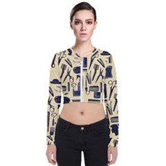 Elegant Hairdresser Pattern Cream Long Sleeve Zip Up Bomber Jacket by TetiBright
