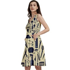 Elegant Hairdresser Pattern Cream Sleeveless V-neck Skater Dress With Pockets by TetiBright