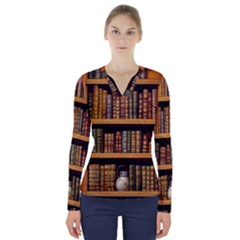 Room Interior Library Books Bookshelves Reading Literature Study Fiction Old Manor Book Nook Reading V-neck Long Sleeve Top by Grandong