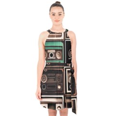 Retro Electronics Old Antiques Texture Wallpaper Vintage Cassette Tapes Retrospective Halter Collar Waist Tie Chiffon Dress by Grandong