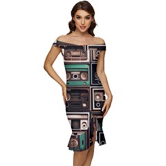 Retro Electronics Old Antiques Texture Wallpaper Vintage Cassette Tapes Retrospective Off Shoulder Ruffle Split Hem Bodycon Dress by Grandong