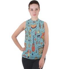 Seamless Pattern Musical Instruments Notes Headphones Player Mock Neck Chiffon Sleeveless Top by Apen